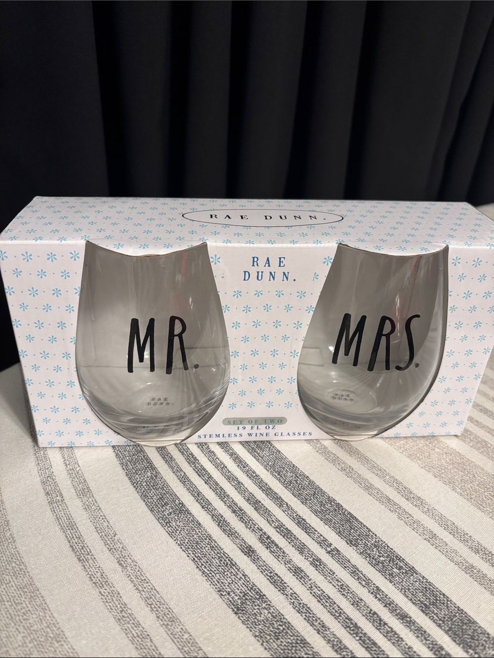 Rae Dunn MR. and MRS. Stemless Wine Glasses - Black Lettering on Clear Glass